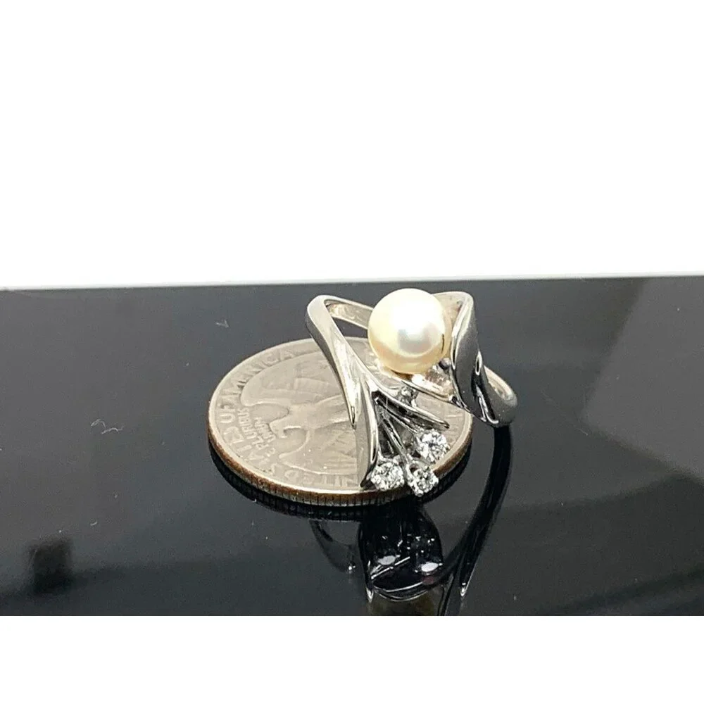 White Pearl 7mm Diamond Cocktail Ring 14k White Gold Estate Women's Size 8.25